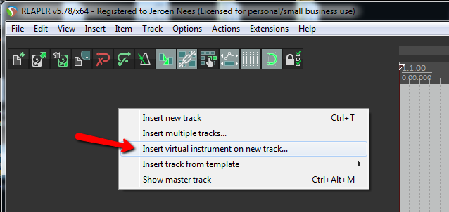 How to insert a virtual instrument in a new Reaper track.